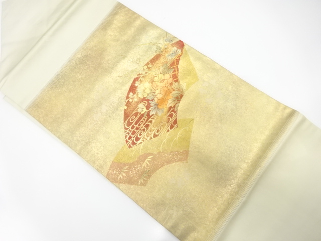 引箔　地紙に花模様　名古屋帯